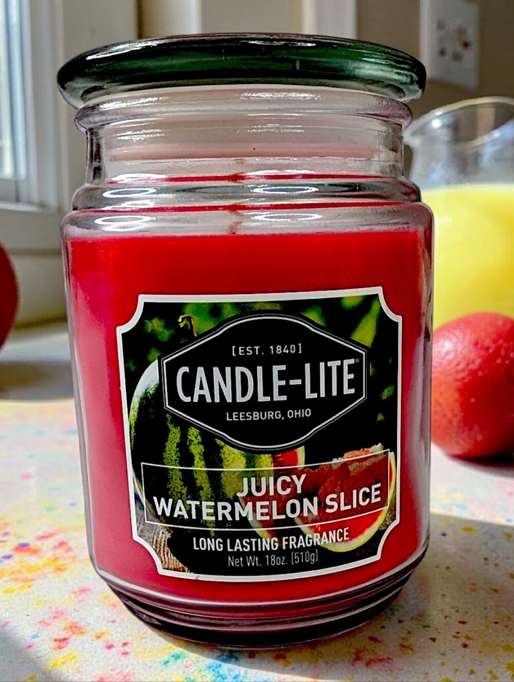 Candle-Lite Watermelon Candle Red Summer Citrus Glass Jar Single Wick 18 oz USA
